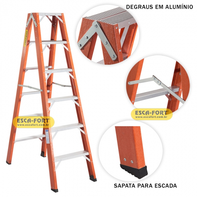 Escada de Fibra Americana Duplo Acesso Com Degraus em Alumínio (Escada Pintor)